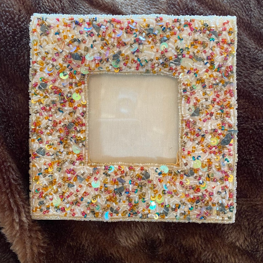6” Square Beaded & Sequined Cream Fabric Covered Photo Frame